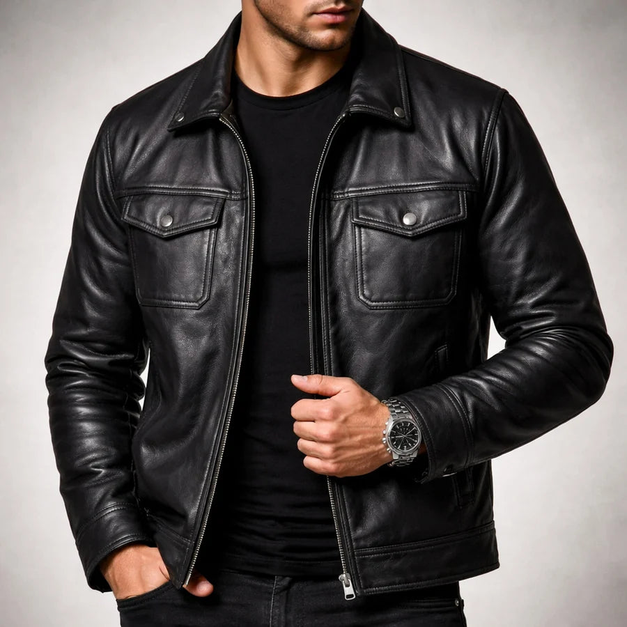 Veste en cuir coupe décontractée et fermeture zippée