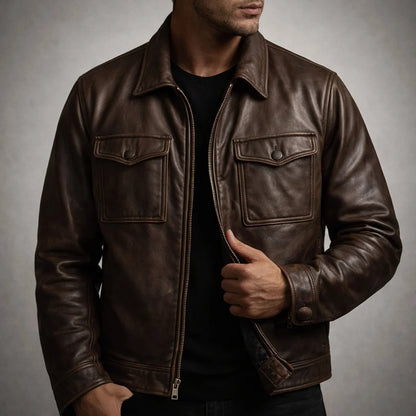Veste en cuir coupe décontractée et fermeture zippée
