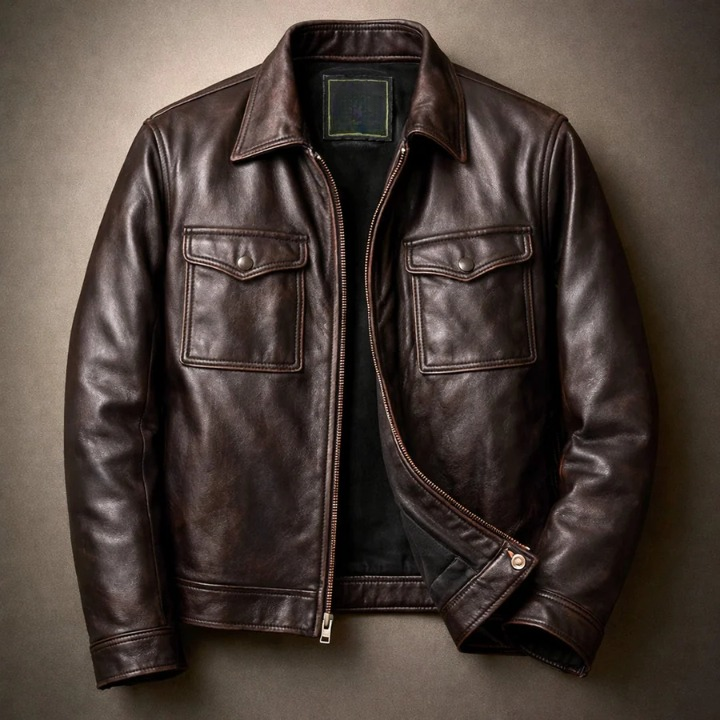 Veste en cuir coupe décontractée et fermeture zippée